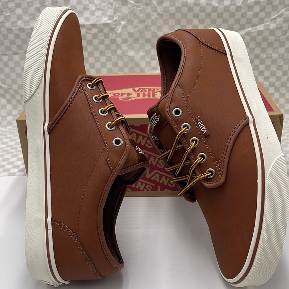 Vans Men’s Brown Leather Sneakers White Accents Atwood (Leather)Brown/Mashmallow - Picture 11 of 16